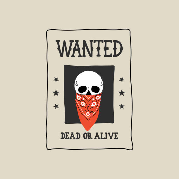 ilustrações de stock, clip art, desenhos animados e ícones de human skull with bandana, scarf on wanted poster, modern flat line style. hand drawn wild west vector illustration. cowboy western vintage patch, badge, emblem. dead or alive. - wanted poster poster old wild west