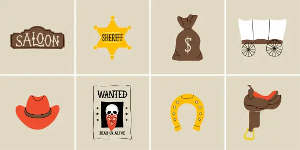 Vector illustration of Wild west elements in modern flat, line style. Hand drawn vector illustration: cowboy saddle, hat, saloon sign, sheriff star, wagon, wanted poster, money bag, horseshoe. Cowboy patch, badge, emblem.