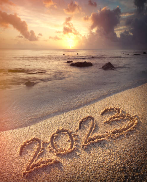 istock Romantic sunset on the beach with the new year 2023 1426637620
