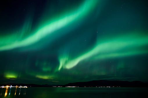 Faxaflói bay with northern lights in Reykjavik ,Iceland