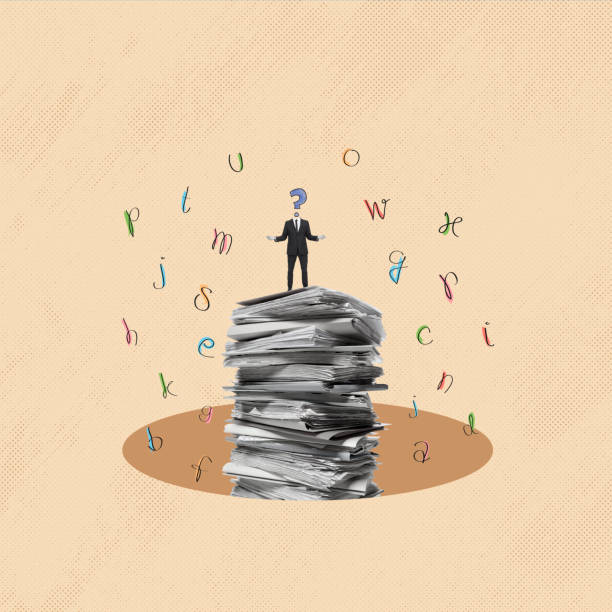 istock Creative Art collage of a man with a head shaped like a question mark on a stack of papers from documents and  letters. 1426644322
