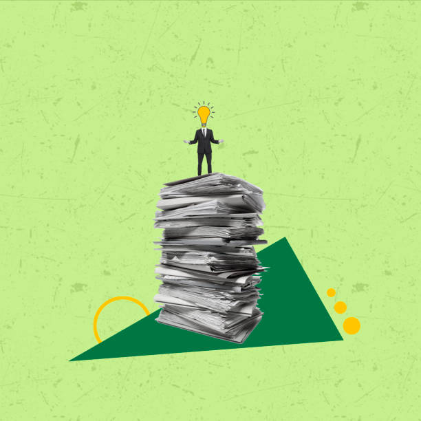 Art collage of a man with a head shaped like a light bulb on a stack of papers from documents.