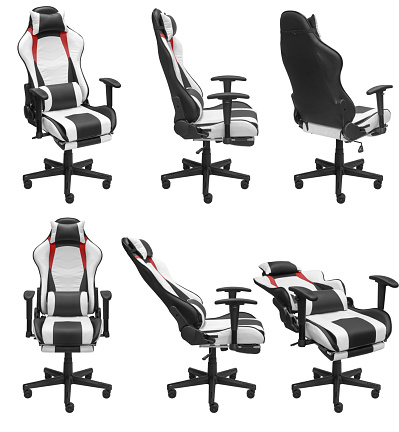 Gaming computer chair with adjustment. Isolated on a white background. View from different sides