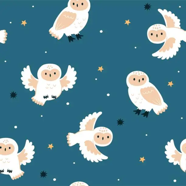 Vector illustration of Seamless pattern with snowy owls and stars. Vector graphics.