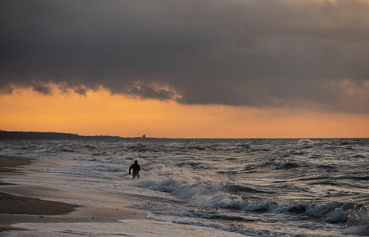 Man catching amber in the surf of the Baltic sea at sunset. Kaliningrad region, Russia.