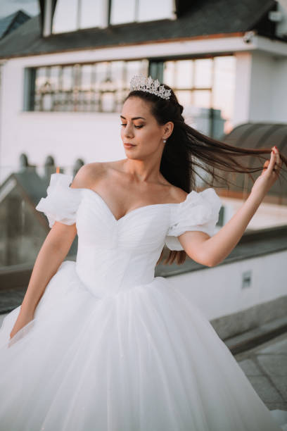istock Beautiful bride posing in white princess dress with crown. 1426655233