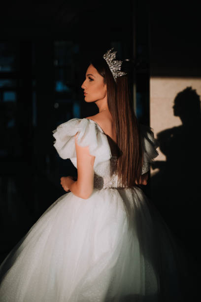 piękna panna młoda pozująca w białej sukience księżniczki z koroną. - women crown princess 20s zdjęcia i obrazy z banku zdjęć