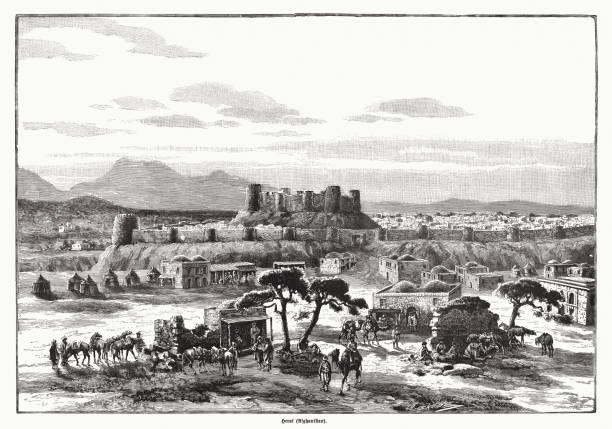 ilustraciones, imágenes clip art, dibujos animados e iconos de stock de vista histórica de herat, afganistán, grabado en madera, publicado en 1885 - afghanistan person