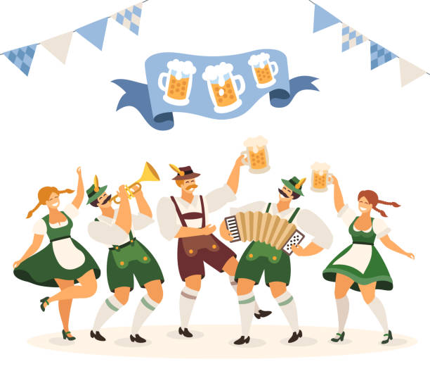 ilustrações, clipart, desenhos animados e ícones de beer fest. pessoas dançando e celebrando. festa da cerveja. festival da cerveja. - women men waitress service