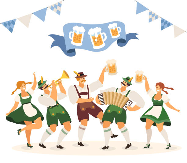 пивной фест. люди танцуют и празднуют. пивная вечеринка. фестиваль пива. - oktoberfest germany munich bavaria stock illustrations