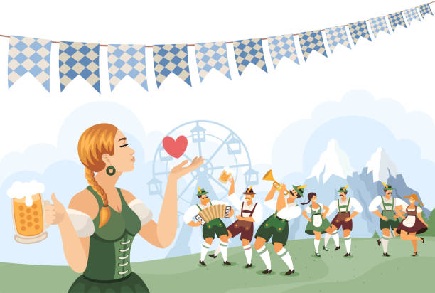 Beer Fest. People dancing and celebrating. Beer Party. Beer Festival. Beer Fest. People dancing and celebrating. Beer Party. Beer Festival. A young woman blowing a kiss. bavarian dress stock illustrations