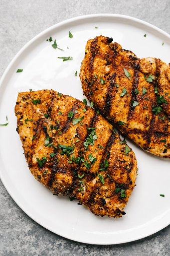 Grilled Blackened Chicken Breasts Overhead in Frederick, Maryland, United States