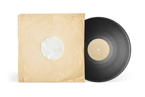 Aged yellow paper sleeve and vinyl LP record isolated on white background