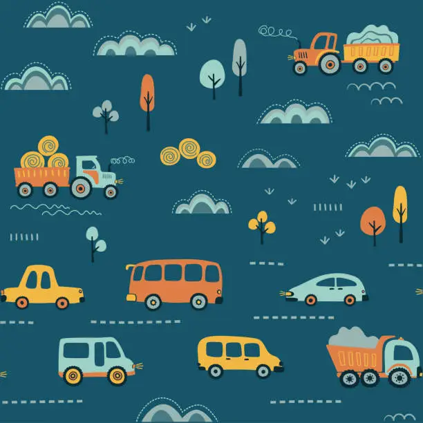 Vector illustration of Kids seamless pattern with cars, buses abd tractors.