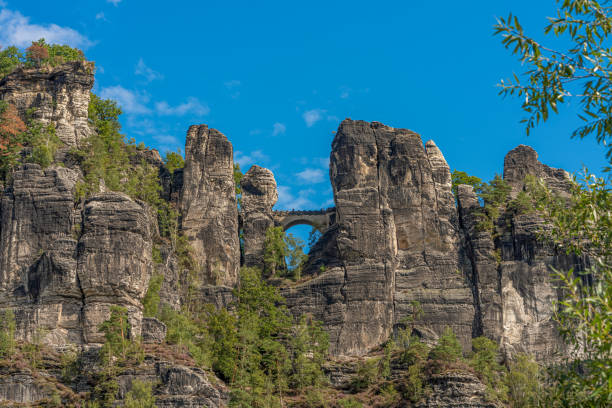 beautiful view of the Bastei rocks in Saxon Switzerland photographed from below Rathen stock photo