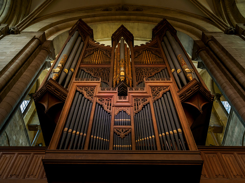 The cathedral organ, Chichester, Sussex contains some of the oldest pipework in England; dating from the 17th Century, with 19th century additions. The cathedral dates from 1075 and is unique - having a separate bell tower.