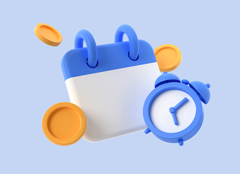 3d icon of a calendar and an alarm clock with gold coins in a cartoon style. the concept of business planning and timely payment. illustration isolated on blue background. 3d rendering