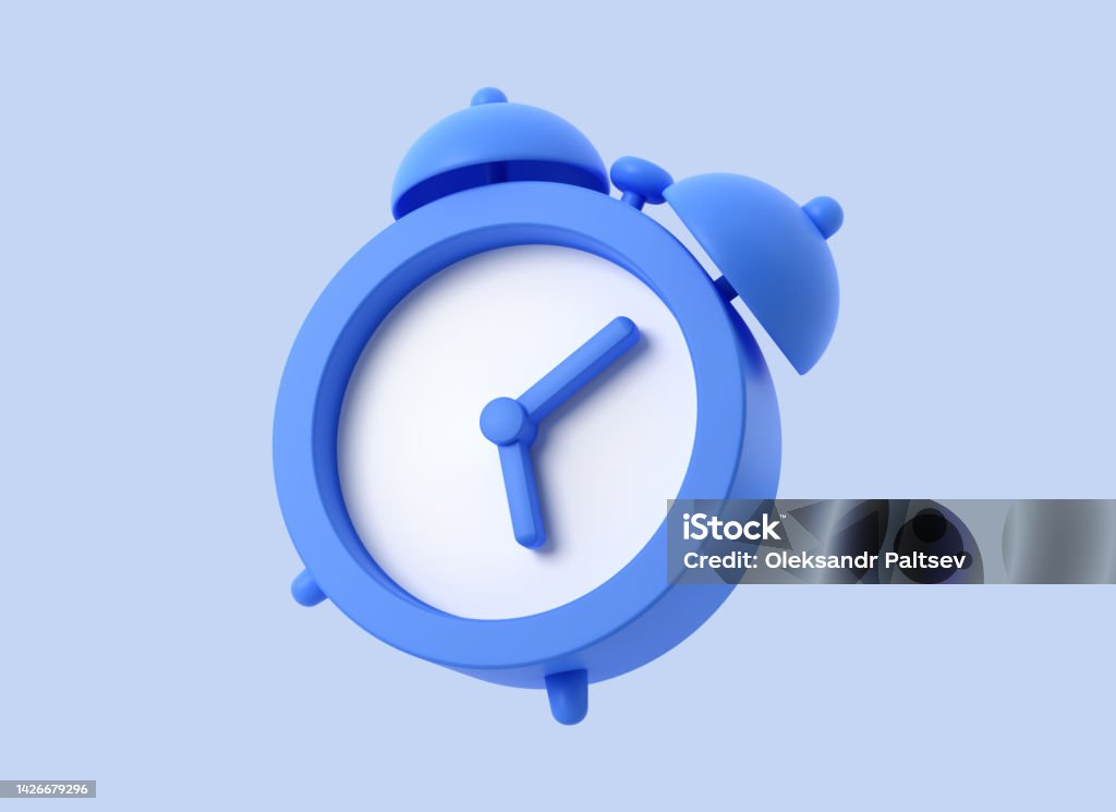 3d alarm clock icon in realistic cartoon style. illustration isolated on blue background. 3d rendering Clock Stock Photo