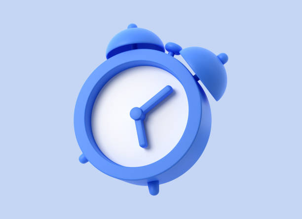 3d alarm clock icon in realistic cartoon style. illustration isolated on blue background. 3d rendering - o clock imagens e fotografias de stock