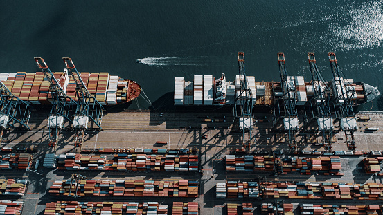 Aerial view from above from a drone of the port of Santos, the largest exporter in Latin America. container ship