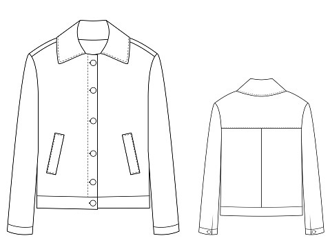 Denim jacket vector illustration isolated, front and back view. Technical drawing for fashion design