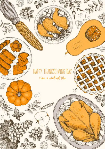 Vector illustration of Thanksgiving day top view vector illustration. Food hand drawn sketch. Festive dinner with turkey and potato, apple pie, vegetables, fruits and berries. Autumn food sketch. Engraved image.