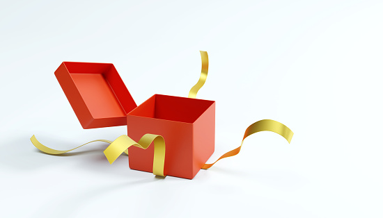 Opening red gift box with golden ribbon isolated on white background. 3D render. 3D illustration.