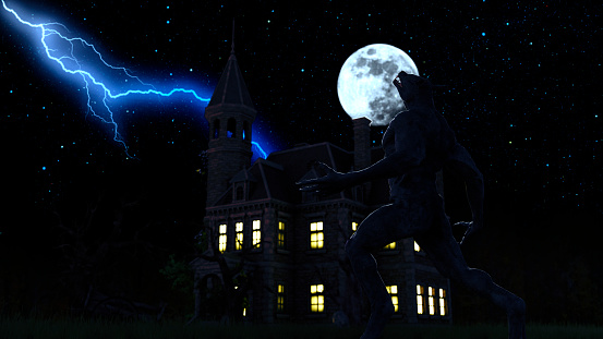 Illustration of a werewolf during the full moon near a house in the creepy forest