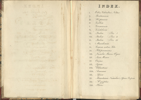 Vintage book index pagem Latin text , 19th Century