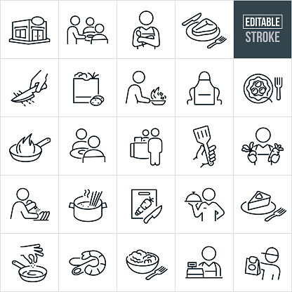 A set restaurant icons that include editable strokes or outlines using the EPS vector file. The icons include a restaurant, waitress serving food at table, cook holding a wooden and wearing an apron, cooked T-bone steak on plate, Bag of fresh groceries, chef cooking food using frying pan, chefs apron, plate of spaghetti, frying pan cooking, two people seated at table eating in restaurant, cutting board with cut vegetables, hand holding a spatula, chef holding fresh vegetables in each hand, restaurant worker washing dishes, pot of boiling water cooking spaghetti, customer checking out after dining out, restaurant server serving food on platter, plate with piece dessert pie, shrimp scampi, bowl of salad, restaurant cashier and a food delivery worker delivering take-out food.
