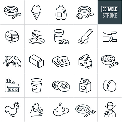 A set of dairy and poultry icons that include editable strokes or outlines using the EPS vector file. The icons include a bowl of cereal with milk, ice cream cone, gallon of milk, bowl of strawberry yogurt, a truckle of cheese, hand applying cheese to pizza, glass of milk with chocolate cookies, ice cream scoop scooping ice cream, cut butter, dairy cow, stick of butter, butter on toast, Swiss cheese, bowl of cottage cheese, farm, pint of ice cream, cream cheese on bagel, carton of milk, carton of whip cream, cream, eggs, chicken, creamer, cooked egg, scrambled eggs on plate and a farmer holding an egg in hand.