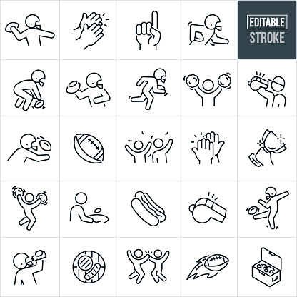 A set of American football icons that include editable strokes or outlines using the EPS vector file. The icons a quarterback throwing a football, fan hands clapping, number one gesture, running back running with football under arm, football center snapping the football, cheerleader cheerleading with pom pom, football player wearing football helmet, football helmet, football, receiver catching football pass, referee blowing whistle, football fans cheering with confetti in the air, football fans high-five, hand holding winners trophy, person at game grilling burgers, hotdog, whistle, punter kicking football, football player taking a drink of water, hamburgers and hotdogs on grill, football fans celebrating with a high-five and a cooler full of ice and cans of soda.