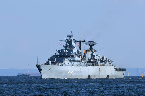 Tokyo, Japan - November 05, 2021:German Navy Bayern (F217), Brandenburg-class frigate sailing in Tokyo bay.
