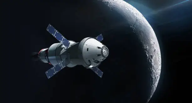 Orion spaceship near Moon surface. Artemis space mission. Spacecraft in deep space. Astronauts on Moon orbit. Elements of this image furnished by NASA (url: https://solarsystem.nasa.gov/system/resources/detail_files/800_PIA00405.jpg https://www.nasa.gov/sites/default/files/styles/image_card_4x3_ratio/public/images/719829main_Orion_Arrays_02_full.jpg)