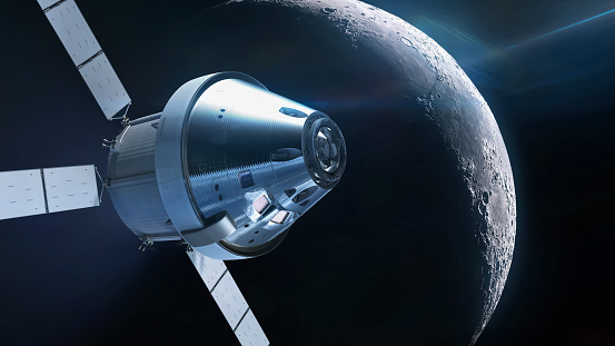 Orion spacecraft near Moon surface. Spaceship in deep space. Artemis space mission. Future expedition. Elements of this image furnished by NASA (url: https://www.nasa.gov/sites/default/files/styles/full_width_feature/public/thumbnails/image/nasa_orion_spacecraft.png https://solarsystem.nasa.gov/system/resources/detail_files/800_PIA00405.jpg)