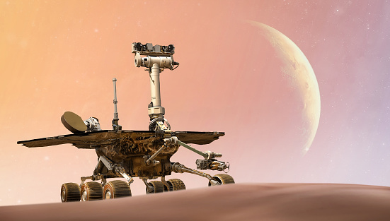 Mars Rover on red planet. Martian expedition. Perseverance, Curiosity, Opportunity Mars Exploration Rover. Mixed media. Elements of this image furnished by NASA (url:https://mars.nasa.gov/system/site_config_values/meta_share_images/1_mars-nasa-gov.jpg https://www.nasa.gov/sites/default/files/styles/full_width_feature/public/mer_2003_opportunity.gif)
