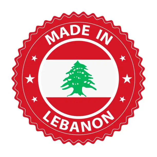 Vector illustration of Made in Lebanon badge vector. Sticker with stars and national flag. Sign isolated on white background.