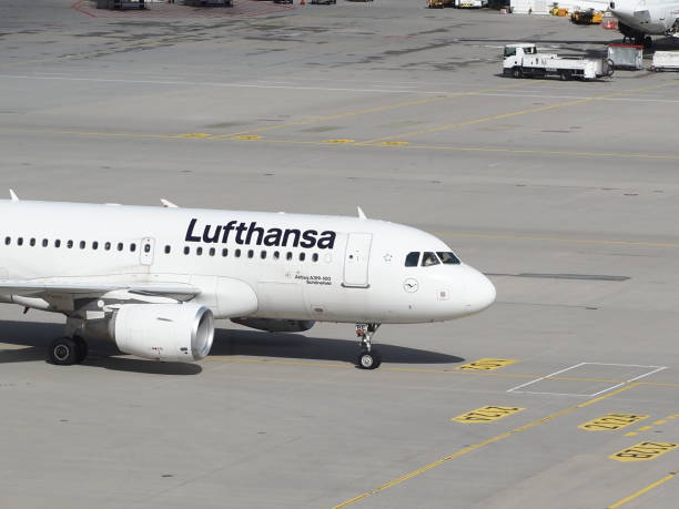 Munich, Germany Bavaria - September 01, 2022: Lufthansa Airlines airplane at the Frankfurt International Airport with logo.