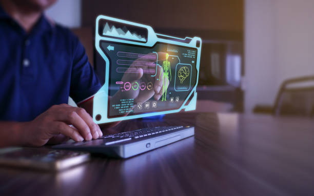 istock Man viewing and analytic at Hologram human anatomy and  skeleton. An abstract feature of medical science in the health hud ui interface. 1426712860
