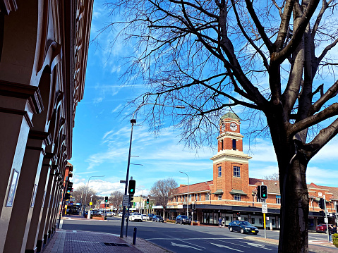 Albury, New South Wales, Australia. - On August 8, 2021. -Heritage old clock tower building of coronet jewellers of distinction at Dean street ,Albury CBD.