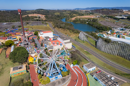 Vinhedo, Sao Paulo, Brazil. September 23 2022: Hopi Hari theme park next to Bandeirantes Highway and Wet N Wild water park.