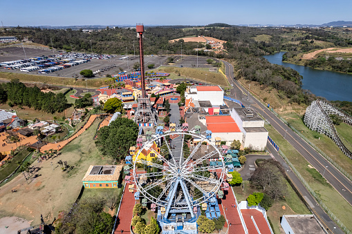 Vinhedo, Sao Paulo, Brazil. September 23 2022: Hopi Hari theme park next to Bandeirantes Highway and Wet N Wild water park.