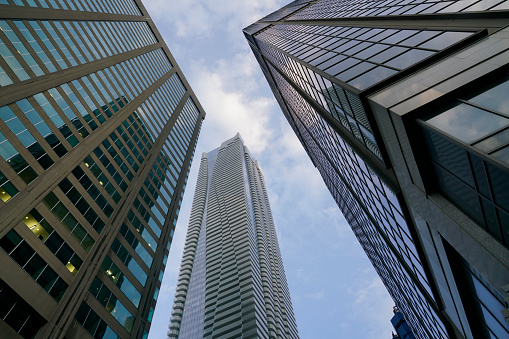 Three Toronto skyscrapers: low angle shot with a wide angle