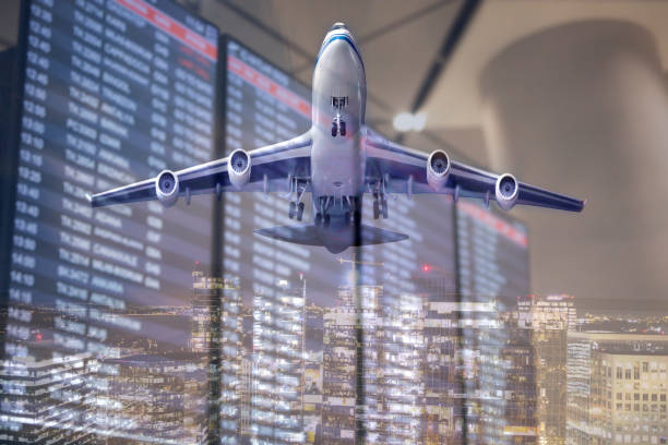 istock Plane and Flight information screens double Exposure Concepts 1426729589