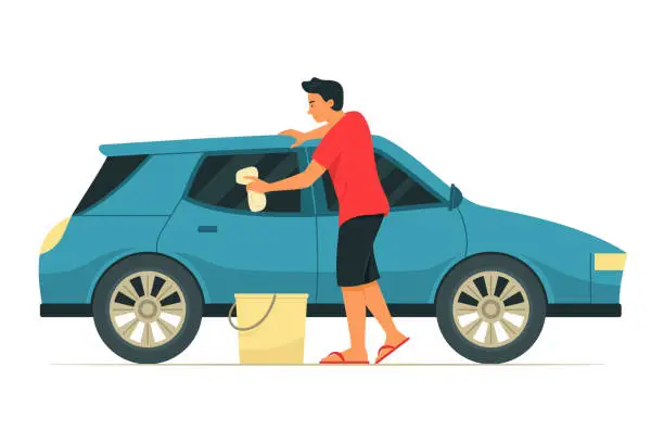 Vector illustration of Man Enjoy Washing Car