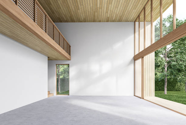 istock Modern contemporary empty hall with open sliding door overlooking nature view 3d render 1426736064
