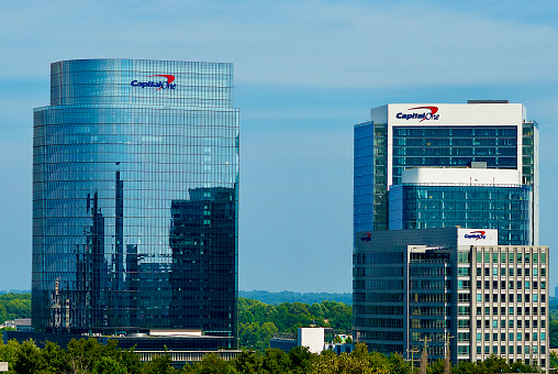 McLean, Virginia, USA - September 21, 2022: The Capital One Financial Corporation headquarters buildings are well-known landmarks in the Tysons Corner area of Fairfax County.