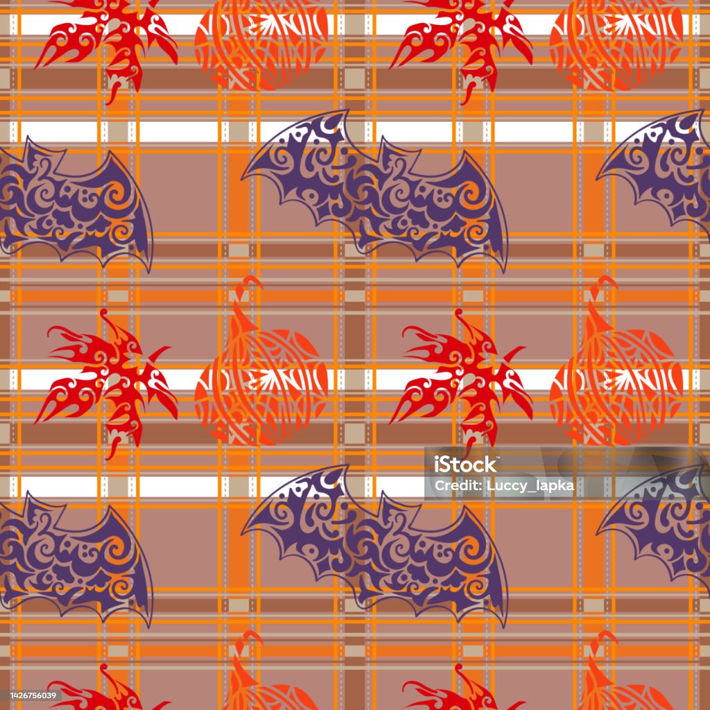 Checked Repet Halloween Seamless Pattern With Bat Maple Leaf And Pumpkin Plaid ...