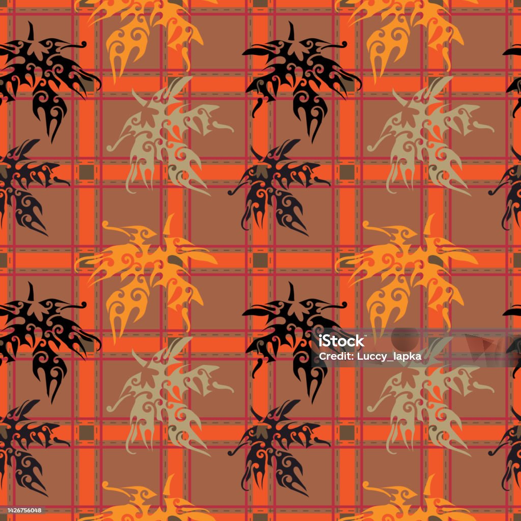 Checked Repet Autumn Seamless Pattern With Maple Leaf At Plaid Checked Repeat ...