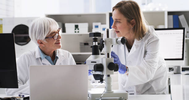 istock Doctor, science and research woman with microscope working with technology, futuristic and medical analytics in lab. Healthcare, nurse and scientist with innovation, health and medicine vision. 1426756079